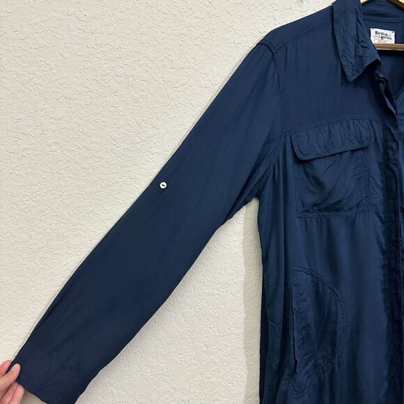 HOLDING HORSES ANTHROPOLOGIE Tunic Shirt Navy Blue Roll Tab Sleeve - Picture 4 of 11